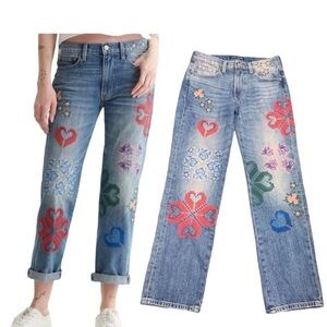 Lucky Brand Blue Boyfriend Jeans with Colorful Embroidery
